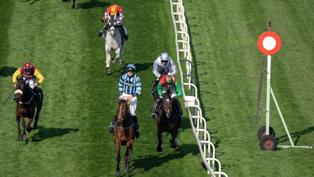 Huw Edwards celebrates as he crosses the line in front on Gracchus De Balme to win the Foxhunters' Chase