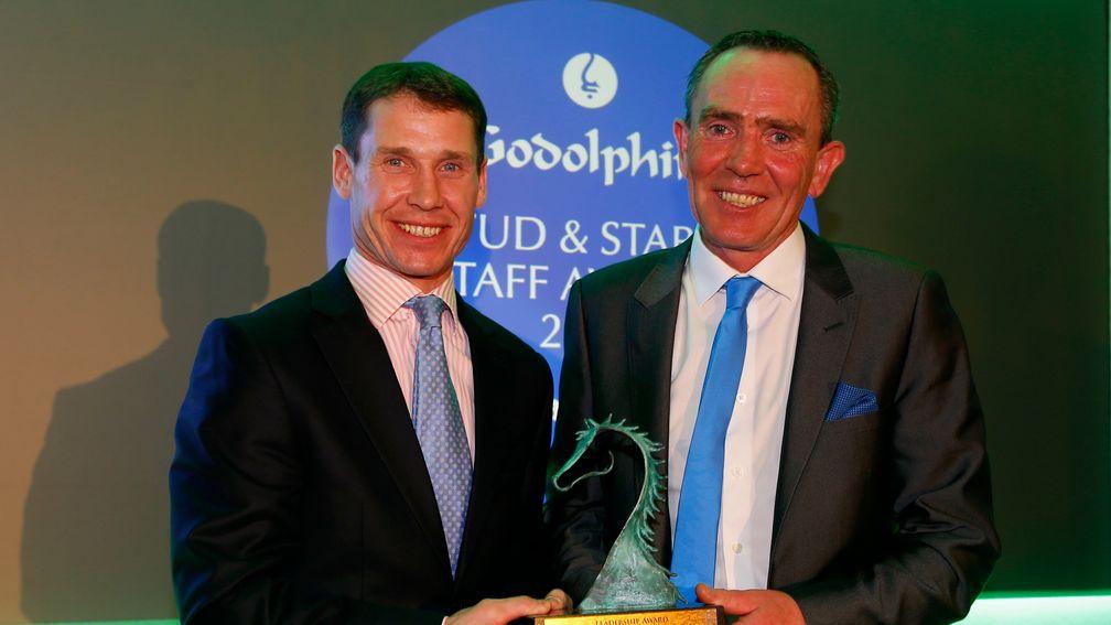 Richard Johnson presenting Rory O'Dowd with the leadership award at the 2017 Godolphin Stud and Stable Staff Awards