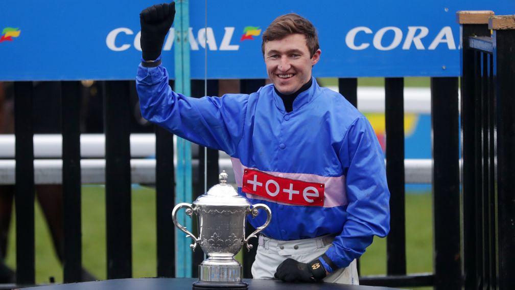 Adam Wedge celebrates his Coral Welsh Grand National victory on Secret Reprieve