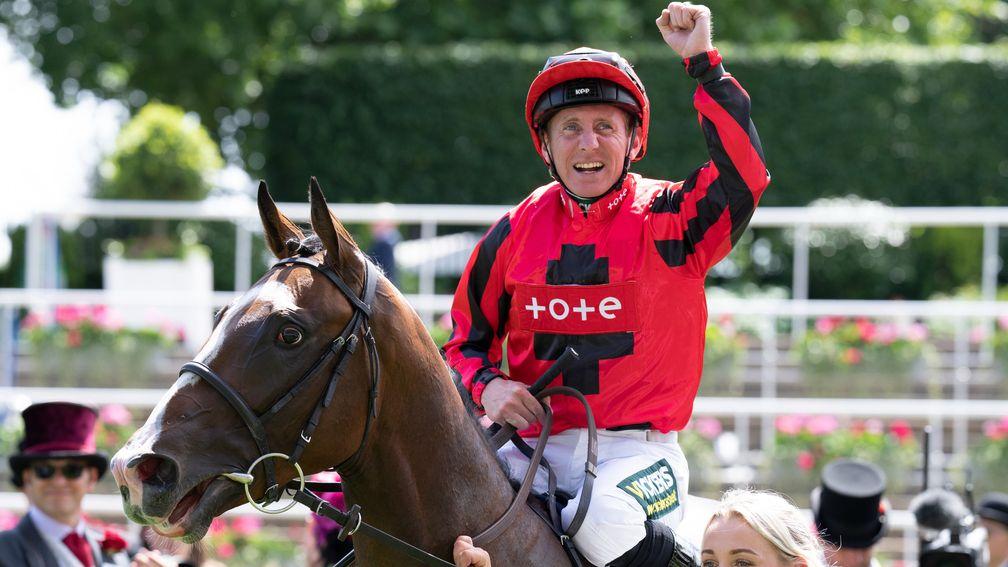 Paul Hanagan celebrates victory on The Ridler, but he earned a ten-day ban for the winning ride