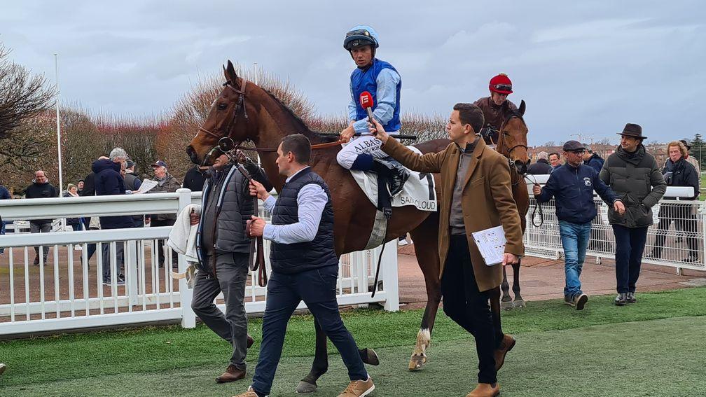 Pensee Du Jour and Mickael Barzalona after winning the Listed Prix Rose de Mai at Saint-Cloud