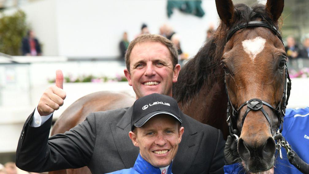 Kerrin McEvoy and trainer Charlie Appleby pose with Cross Counter after winning the Lexus Melbourne Cup
