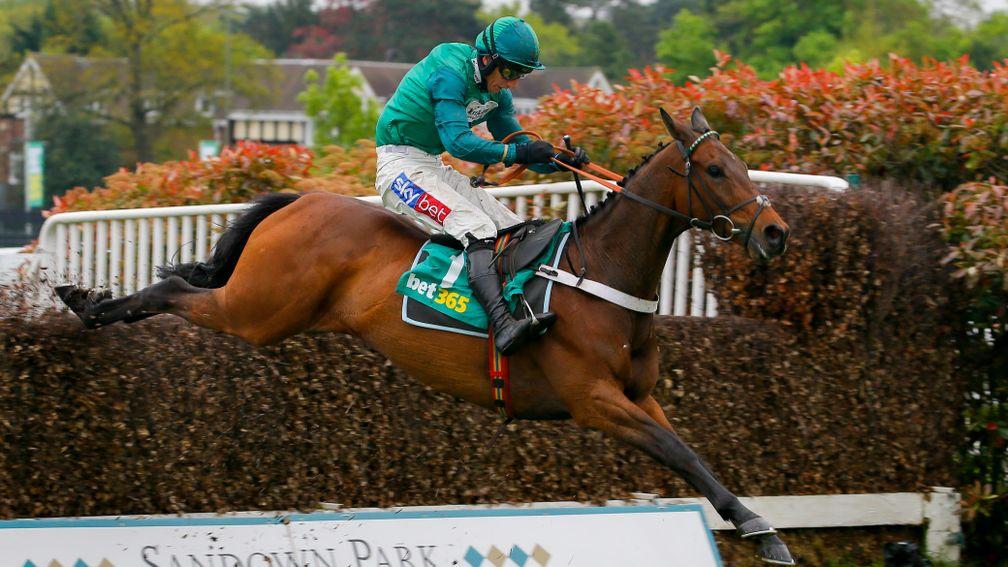 Top Notch and Daryl Jacob fly the last on the way to winning the bet365 Oaksey Chase at Sandown on Saturday
