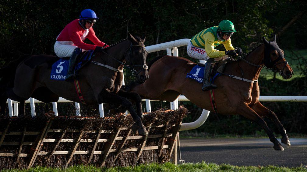 Cash Back (Danny Mullins) gets the better of stablemate Classic Getaway in the Munster Hurdle at Clonmel