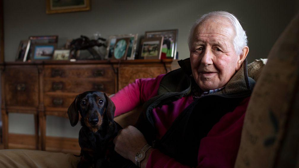 Recently retired David Elsworth poses with 'Stretch'the Dachshund at his home in Newmarket3.1.21 Pic: Edward Whitaker