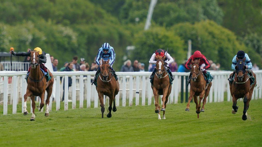YORK, ENGLAND - MAY 13: Frankie Dettori riding Stradivarius (yellow cap) win The Paddy Power Yorkshire Cup Stakes at York Racecourse on May 13, 2022 in York, England. (Photo by Alan Crowhurst/Getty Images)