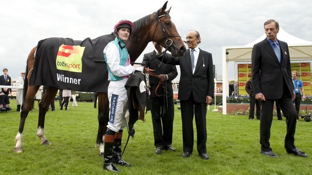 Henry Cecil looks on as owner Khalid Abdullah greets Frankel and Tom Queally after the first victory of the unbeaten colt's three-year-old season in the 2011 Greenham Stakes