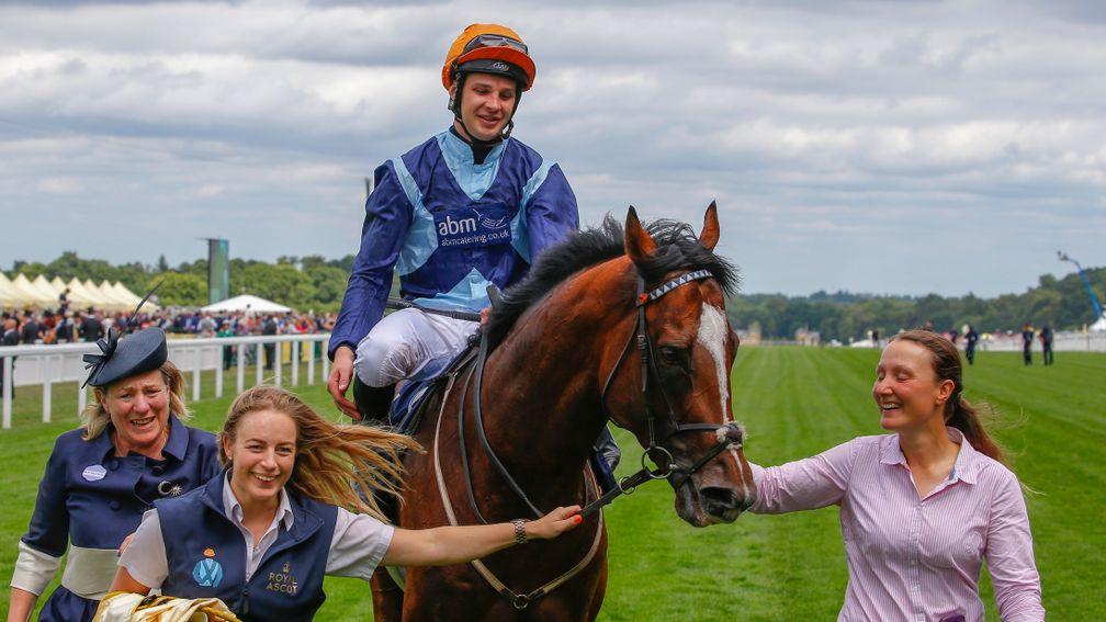 Charlie Bishop with winning trainer Eve Johnson Houghton (left) after Accidental Agent's shock win in the Queen Anne Stakes