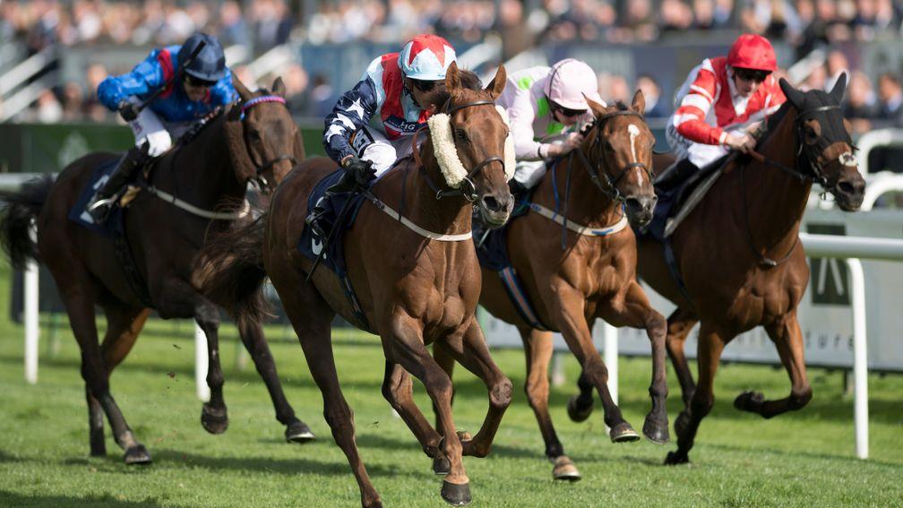 Desert Skyline (Silvestre de Sousa, second left) wins the Doncaster Cup from Thomas Hobson (second right) and Sheikhzayadroad (right) at Doncaster on Friday