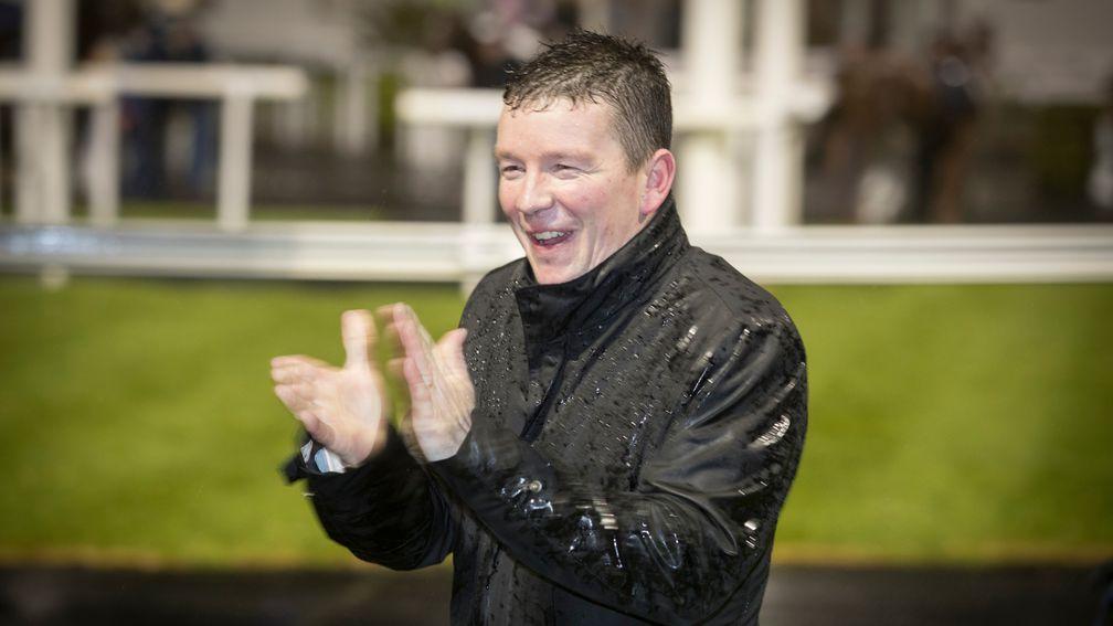 David Griffiths celebrates the victory of Take Cover in a Listed race at Dundalk in October