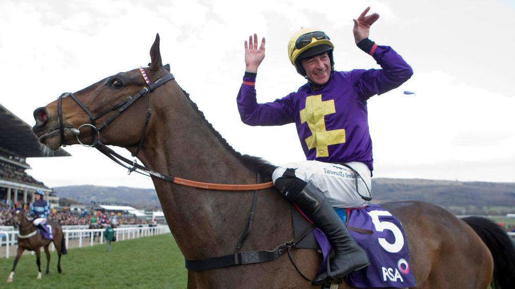 Davy Russell celebrates in 2013 after winning the festival's main prize for staying chasers – then called the RSA Chase and now run under the Brown Advisory banner – aboard future Gold Cup hero Lord Windermere