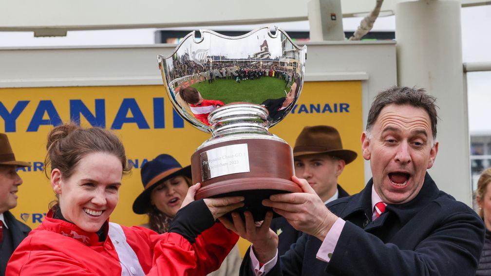 Rachael Blackmore and Henry de Bromhead receive the Ryanair Chase trophy
