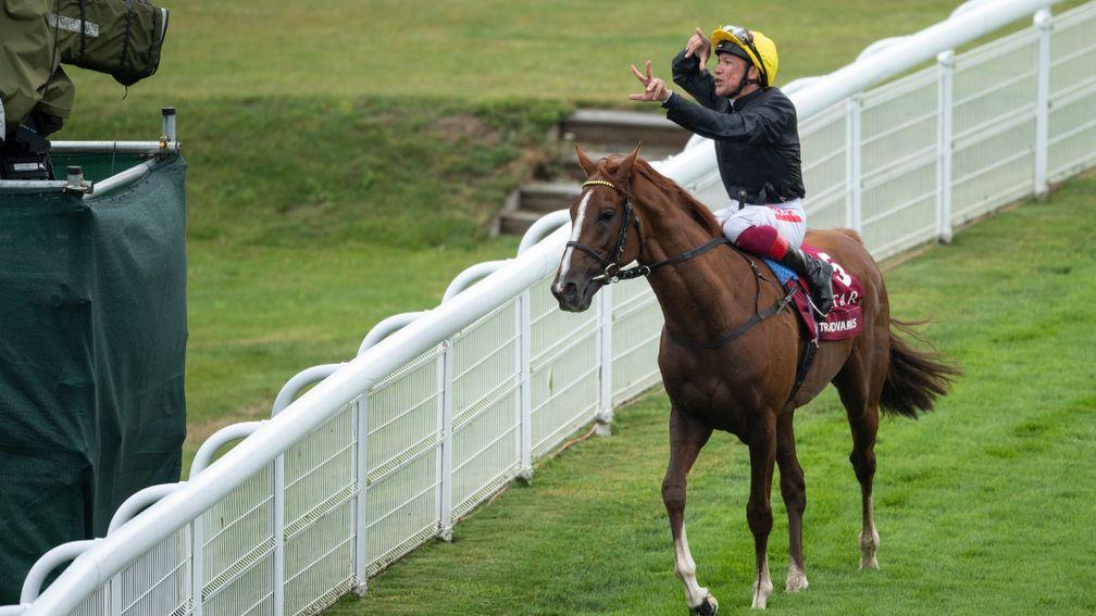 Stradivarius and Frankie Dettori after their Goodwood Cup success last month