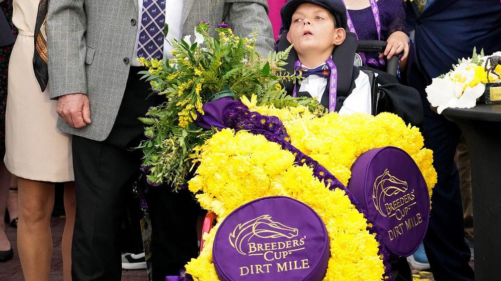 Cody Dorman was presented with the winning wreath after Cody's Wish won the Breeders' Cup Dirt Mile