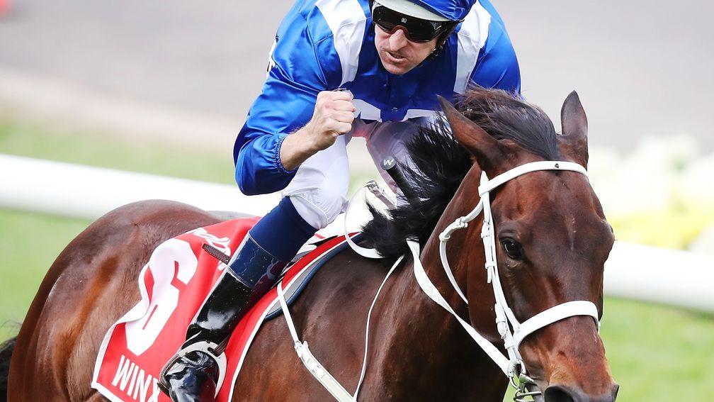Hugh Bowman punches the air in delight as Winx triumphs in the Cox Plate