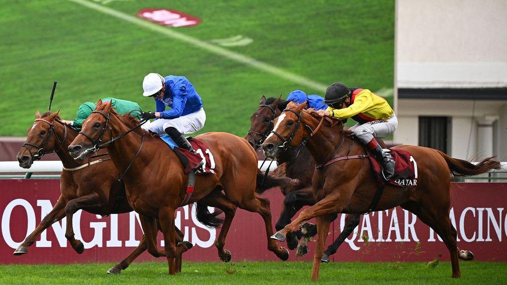 Hurricane Lane (blue, white cap) was beaten just three-quarters of a length in an impressive showing just three weeks on from his St Leger victory
