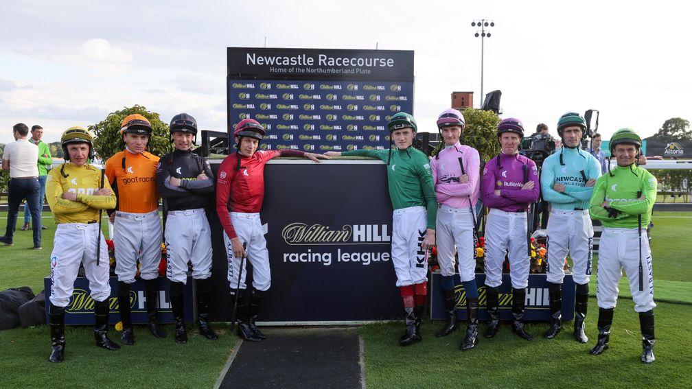 Jockeys pose ahead of the first meeting of the Racing League at Newcastle