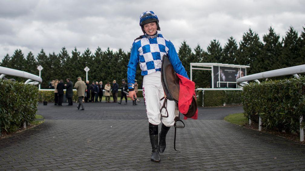 Bryony Frost, pictured after winning the conditionals' handicap hurdle at Kempton on Friday, is unlikely ever to be champion jockey says her boss Paul Nicholls