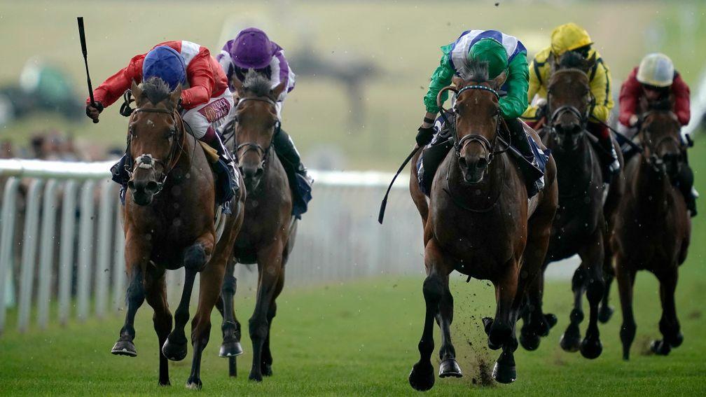 Veracious (red, left) sees off the late charge of One Master to win the Tattersalls Falmouth Stakes