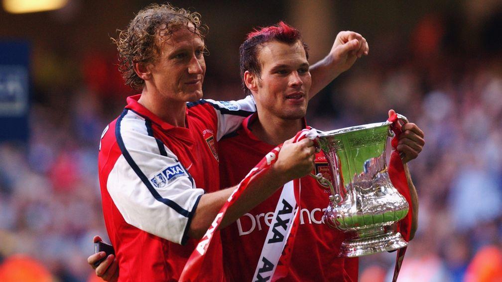 Goalscorers Ray Parlour and Freddie Ljungberg celebrate Arsenal's 2002 victory over Chelsea