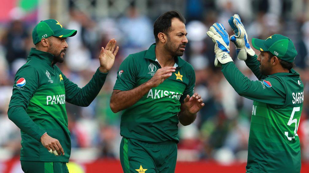 Pakistan's Wahab Riaz (centre) celebrates a wicket in the victory over England