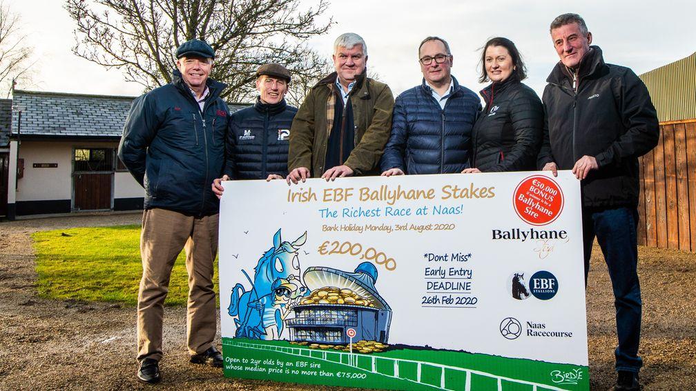 Karl Burke, Johnny Murtagh, Dermot Cantillon, Joe Foley, Nessa Joyce and Kevin Ryan at the launch of the Ballyhane Stakes