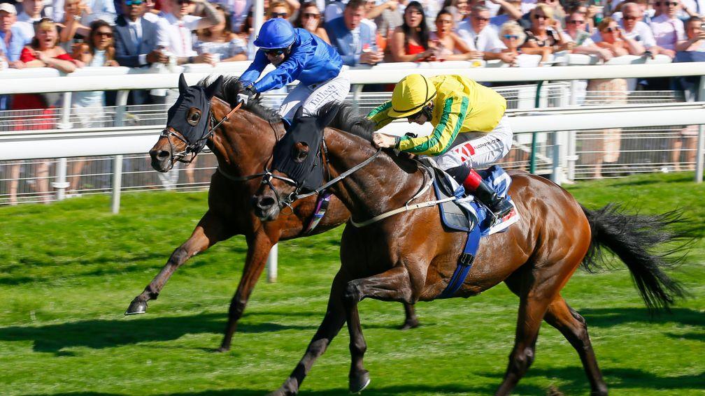 Red Galileo (left) finishing second in the Ebor at York