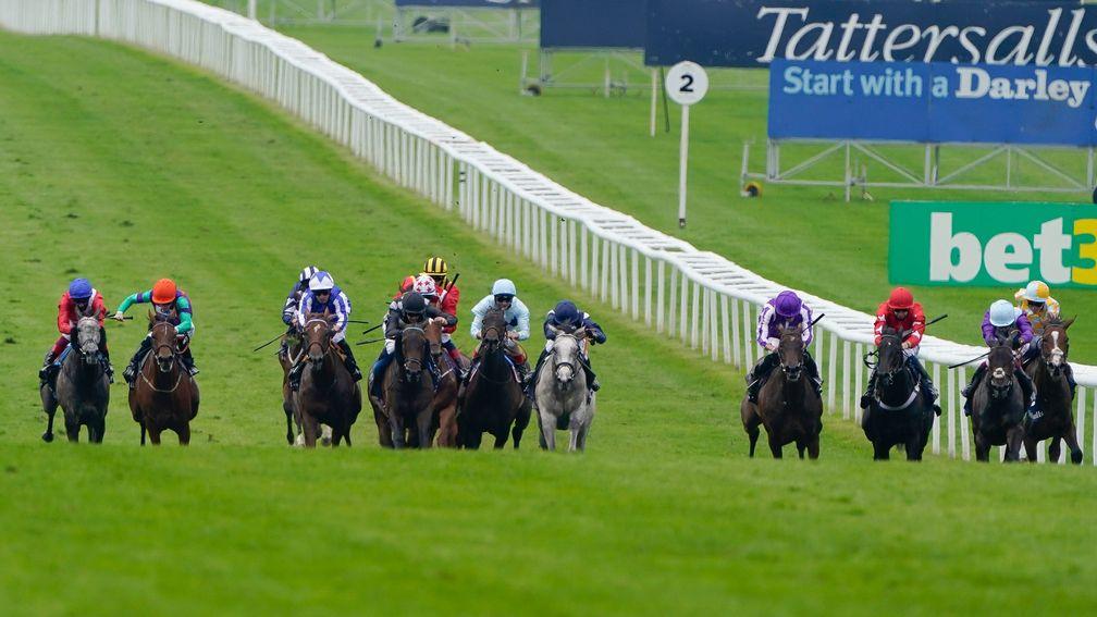 Lady Bowthorpe (second left) comes from an unpromising position to finish fourth in the Group 1 Falmouth Stakes