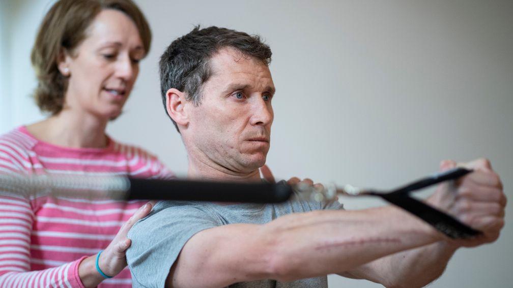 Richard Johnson with physiotherapist Kate Davis at her surgery in Presteigne as he puts his body through the pain barrier on the road to recovery for the Cheltenham Festival
