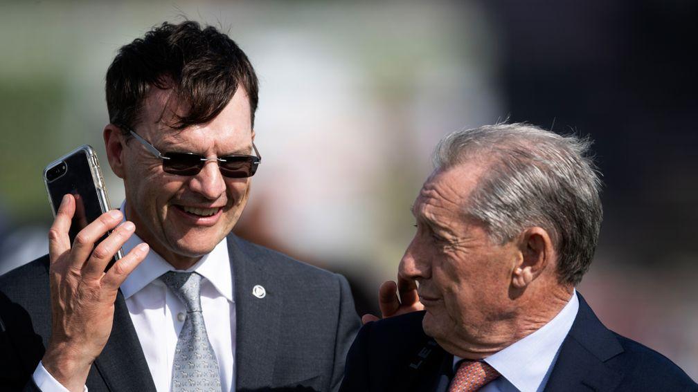 Aidan O'Brien (left) and Derrick Smith jubilant after Forever Together's victory