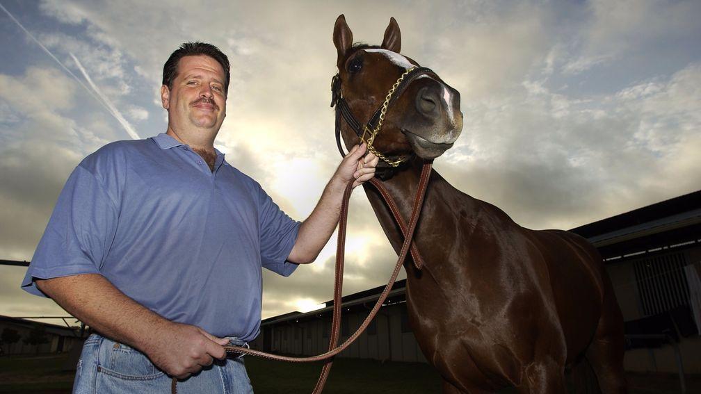 Kitten's Joy in his racing days with trainer Dale Romans