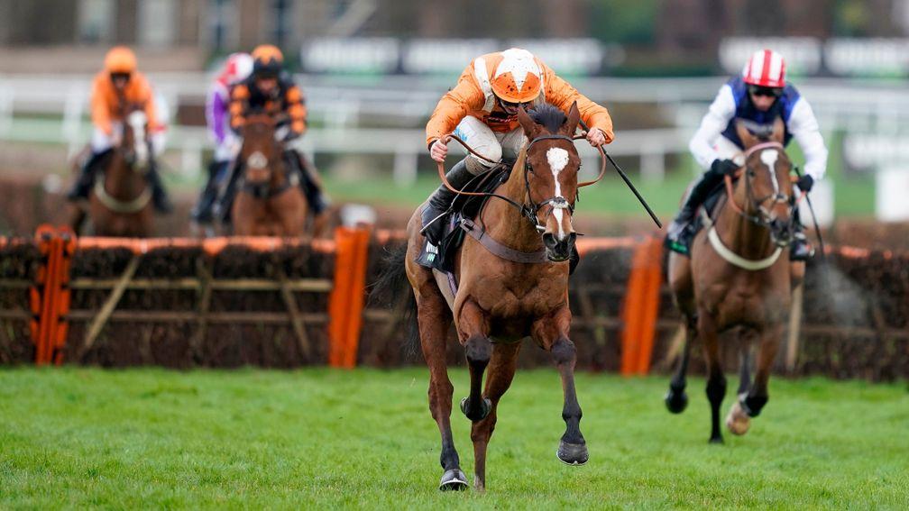 ESHER, ENGLAND - JANUARY 02: Sean Bowen riding Metier clear the last to win The Unibet Tolworth Novices' Hurdle at Sandown Park Racecourse on January 02, 2021 in Esher, England. Due to the Coronavirus pandemic, owners along with the paying public will not
