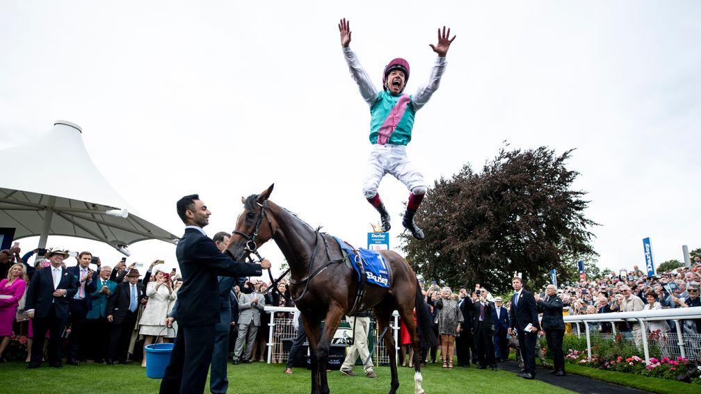Enable (Frankie Dettori) in the winners enclosure after the Yorkshire Oaks Pic: Edward Whitaker