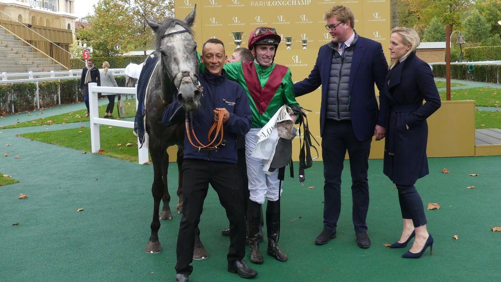 Pierre-Charles Boudot and assistant trainer Freddie Meade with Technician after winning the Group 1 Prix Royal-Oak