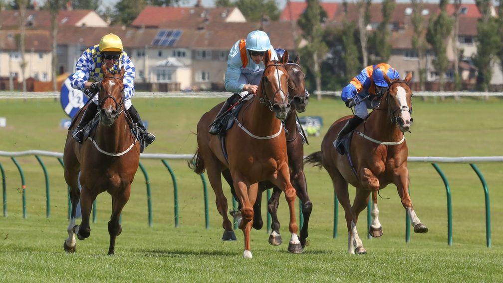 Harome (Ben Curtis, light blue colours) cruises home from Nibras Again (left) at Ayr on Sunday