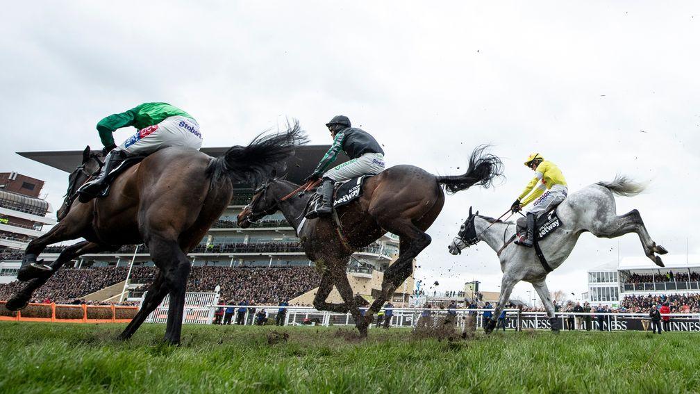 Altior (centre) jumps the last fence with Sceau Royal (left) and Politologue en route to winning the Champion Chase