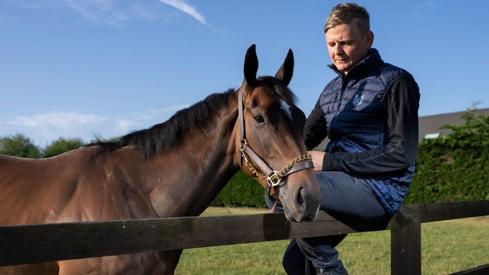 George Boughey with the 1000 Guineas winner Cachet at Saffron House StablesNewmarket 17.5.22 Pic: Edward Whitaker