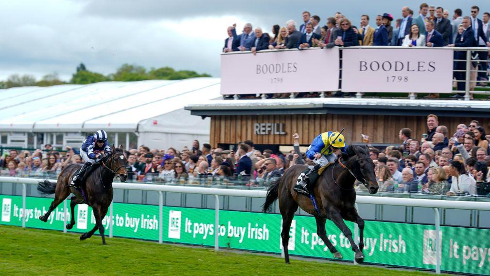 CHESTER, ENGLAND - MAY 06: Ryan Moore riding Solid Stone win The Irish Thoroughbred Marketing Ire-Incentive Scheme Huxley Stakes at Chester Racecourse on May 06, 2022 in Chester, England. (Photo by Alan Crowhurst/Getty Images)