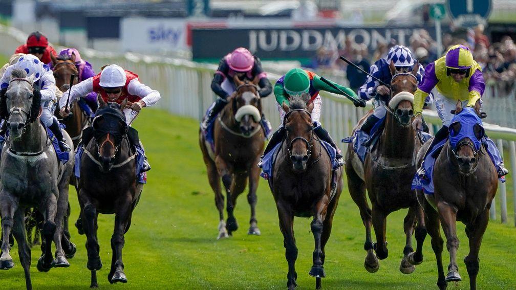 YORK, ENGLAND - AUGUST 17: Tom Eaves riding Bergerac (R, yellow/purple) win The Sky Bet And Symphony Group Handicap at York Racecourse on August 17, 2022 in York, England. (Photo by Alan Crowhurst/Getty Images)