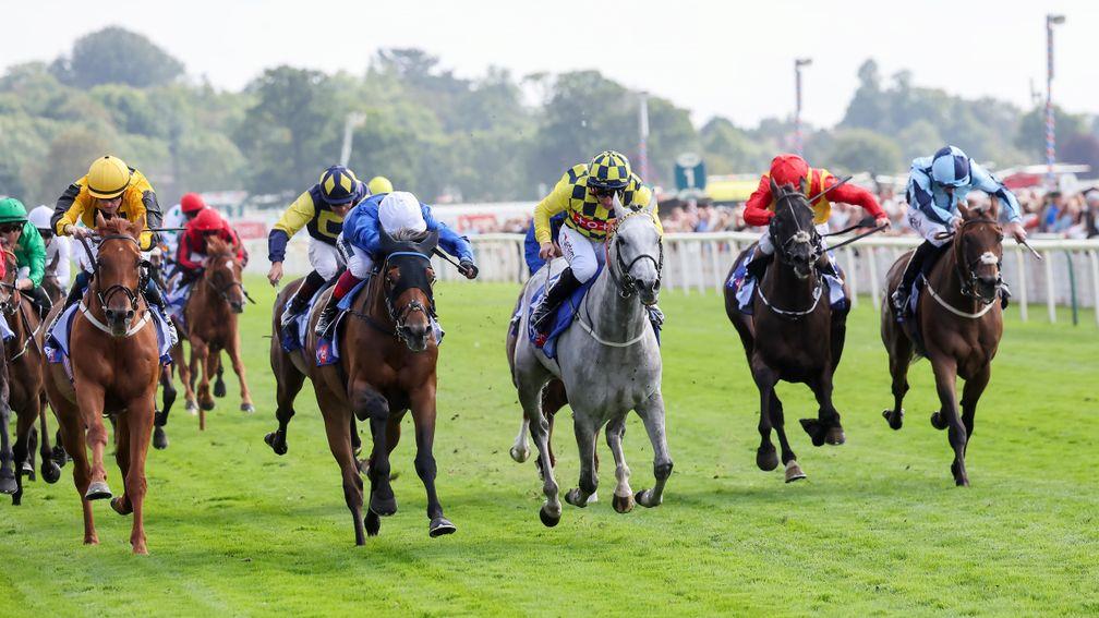 TRAWLERMAN and Frankie Dettori win the SKY BET EBOR at York 20/8/22 Photograph by Grossick Racing Photography 0771 046 1723