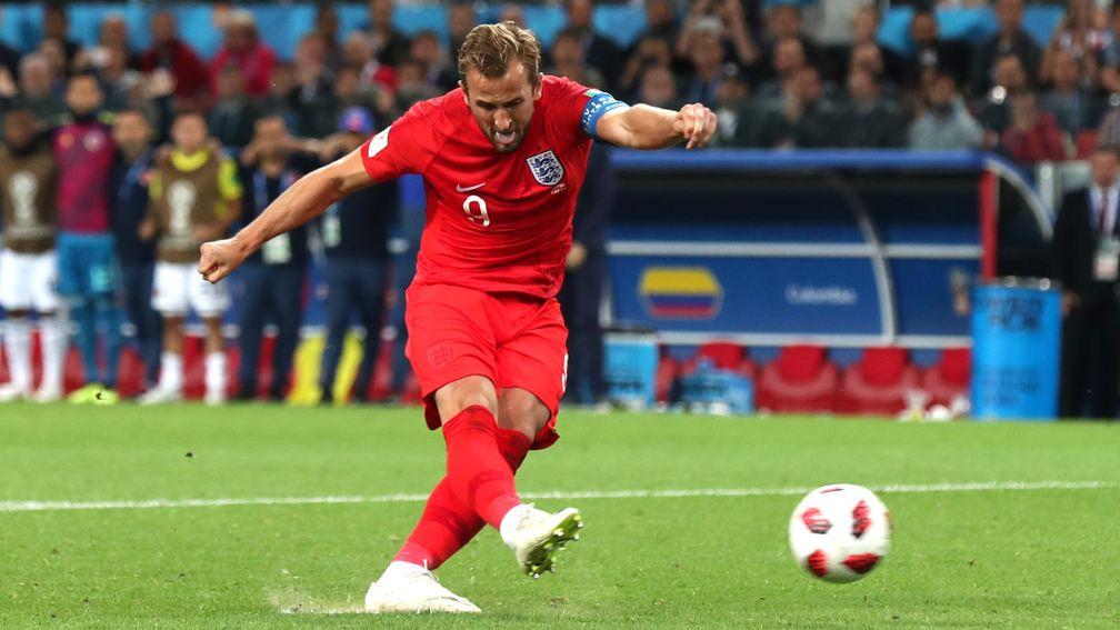 Harry Kane scores England's first penalty against Colombia