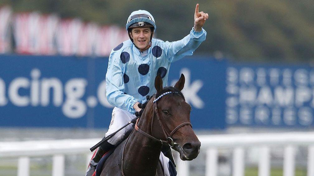 On top of the world: Christophe Soumillon celebrates Almanzor’s electric performance in the Champion Stakes at Ascot