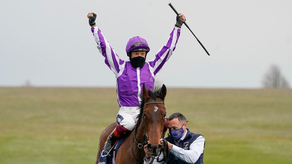 Frankie Dettori celebrates after guiding Mother Earth to success in the Qipco 1,000 Guineas