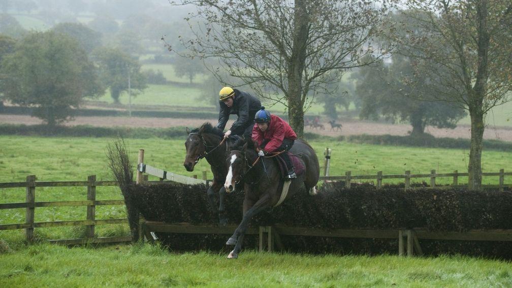 Gabriel Leenders (far side) pictured schooling a horse alongside Danny Cook at David Pipe's base in 2009