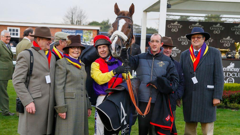 Husband-and-wife team Garth and Anne Broom (far left) of Brocade Racing in the winner's enclosure with Native River and jockey Richard Johnson after their Hennessy triumph