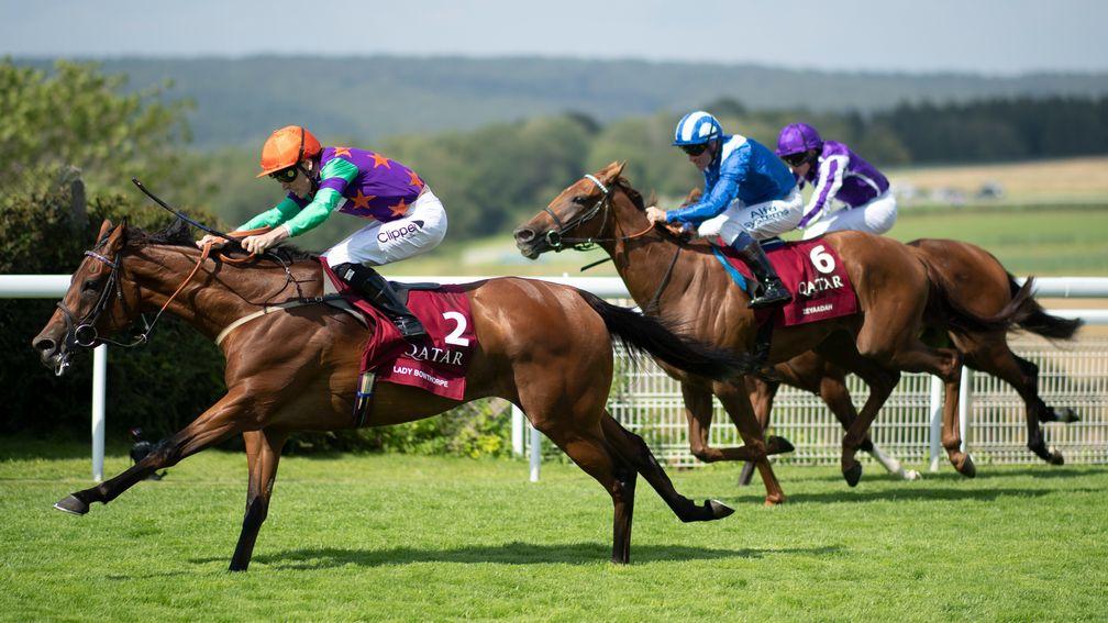 Lady Bowthorpe  wins the Nassau Stakes from Zeyaadah and Joan Of ArcGlorious Goodwood 29.7.21 Pic: Edward Whitaker