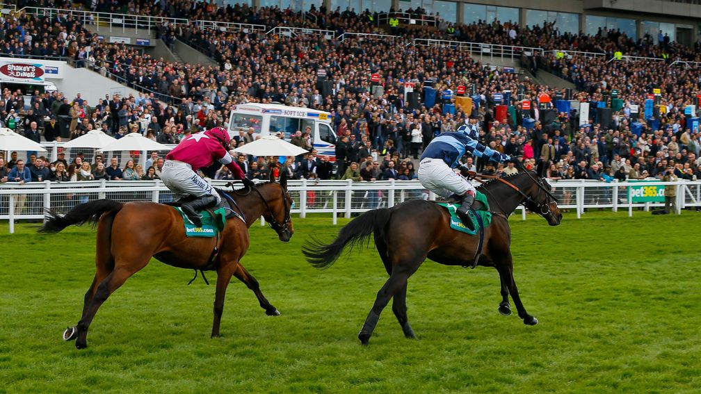 Menorah and Richard Johnson (right) get the better of Valseur Lido in the 2016 Oaksey Chase at Sandown