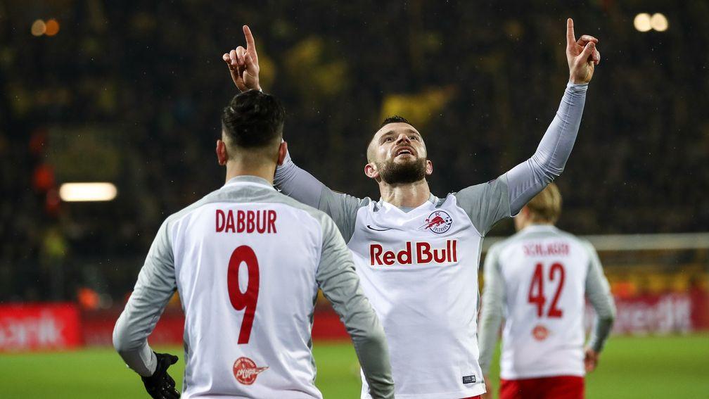 Valon Berisha of Red Bull Salzburg celebrates a goal against Borussia Dortmund