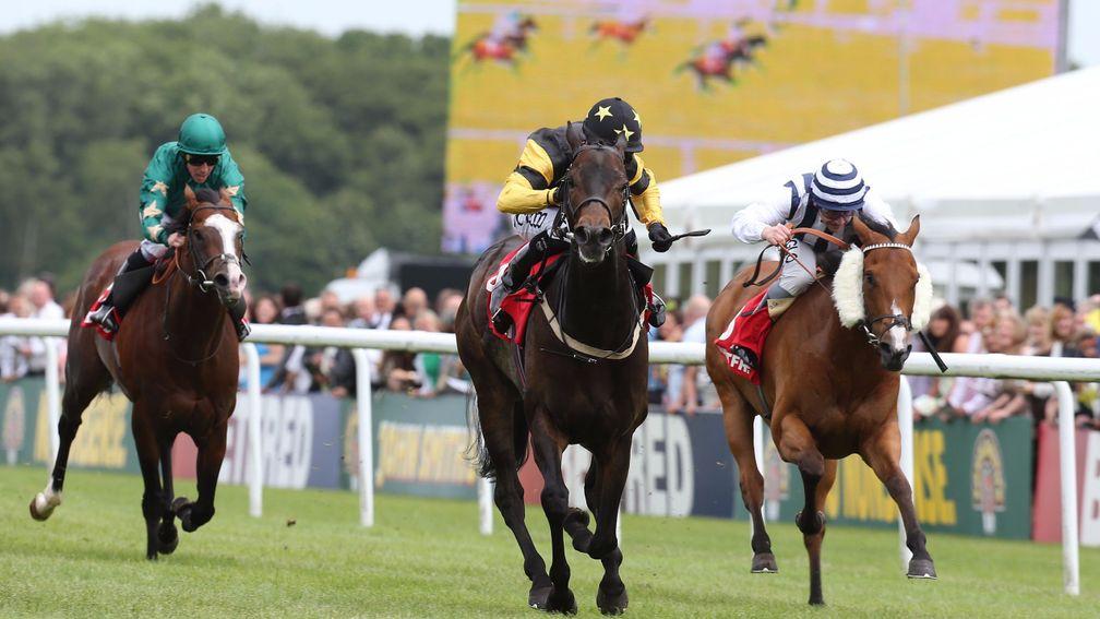 Jack Dexter (centre) lands the 2013 Chipchase Stakes, the most prestigious of his ten wins