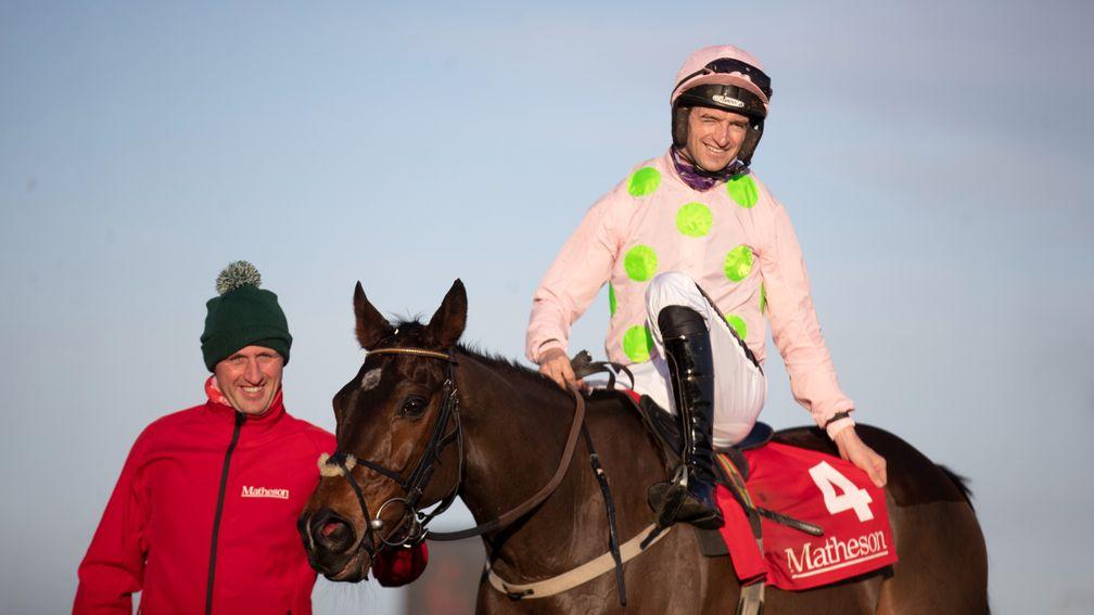 Patrick Mullins celebrates a fourth success for Sharjah in the Matheson Hurdle